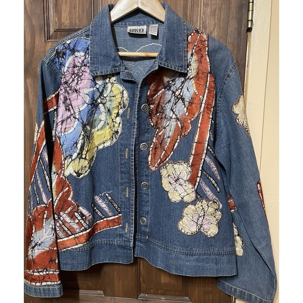 VTG Chico’s Design Denim Jacket Silk Batik Patch Boho Wearable Art  Women’s 2 L